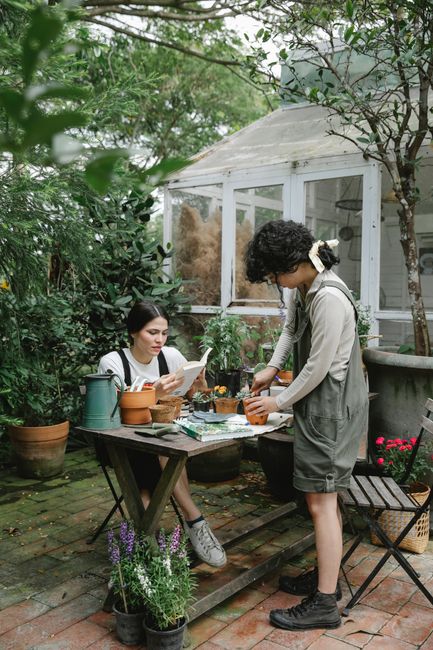 Two young women engaged in gardening tasks in a lush, well-maintained backyard enclosed by dense green foliage and a white, glass-paneled conservatory. One woman, with curly hair, is wearing a light g